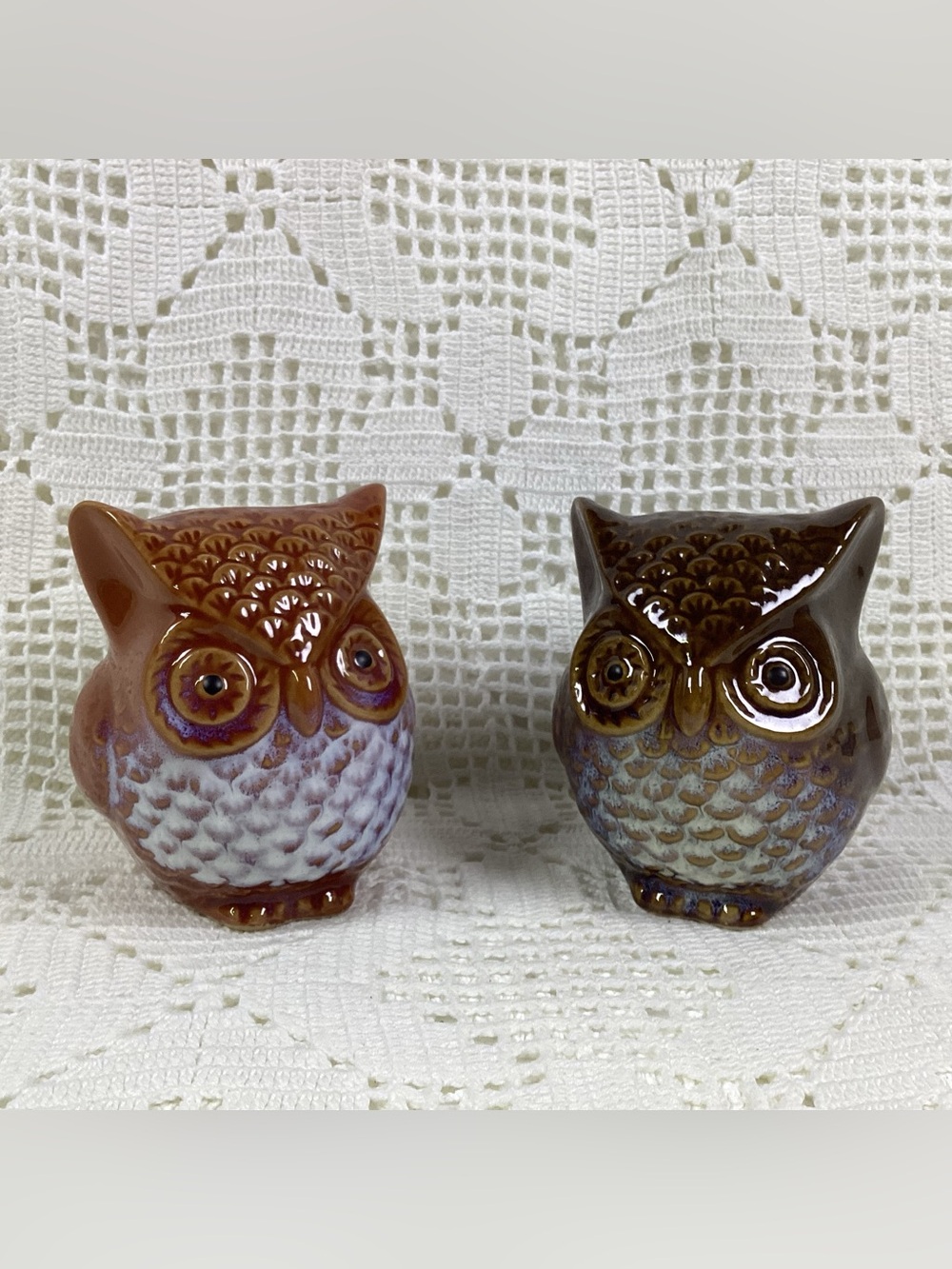 Ceramic Owl Figurines Set - Orange & Dark Brown